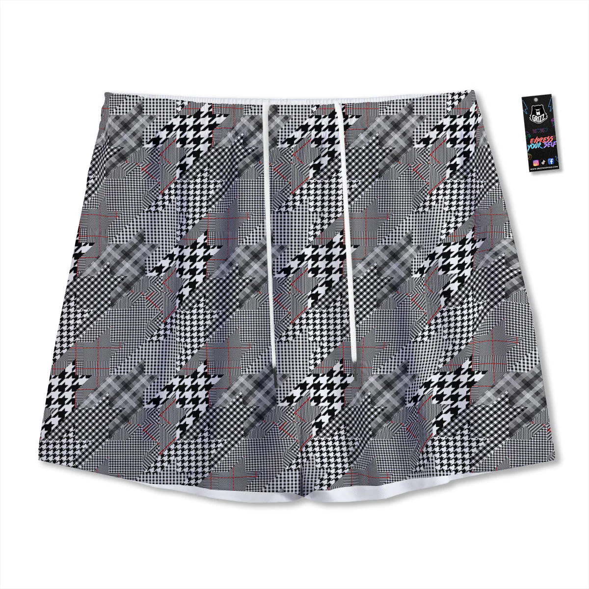 Geometrical Houndstooth Patchwork Print Pattern Mesh Shorts