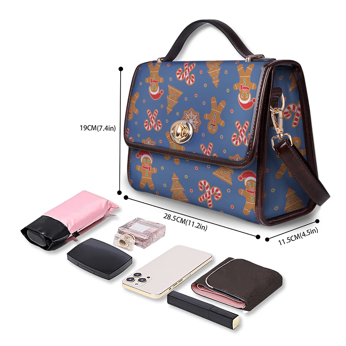 Gingerbread Man Xmas Print Pattern Women's Satchel Bag - Image 4