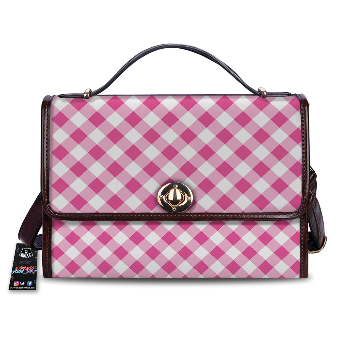 Gingham Black And Pink Magenta Print Women's Satchel Bag