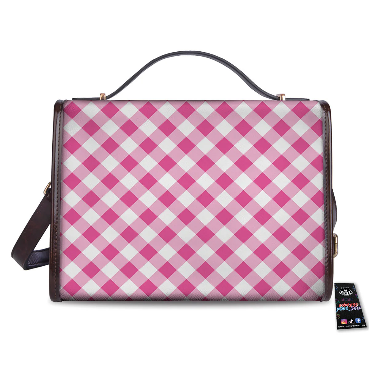 Gingham Black And Pink Magenta Print Women's Satchel Bag - Image 2
