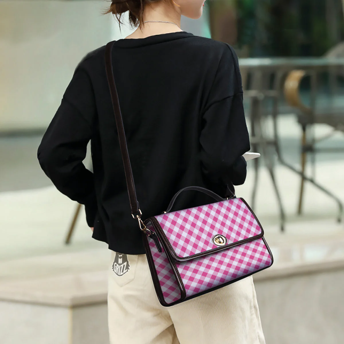 Gingham Black And Pink Magenta Print Women's Satchel Bag - Image 3