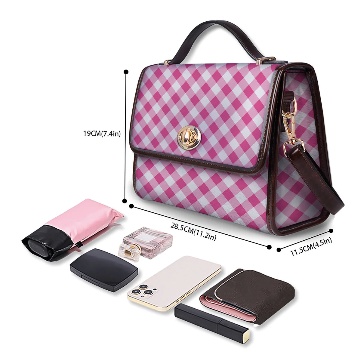 Gingham Black And Pink Magenta Print Women's Satchel Bag - Image 4