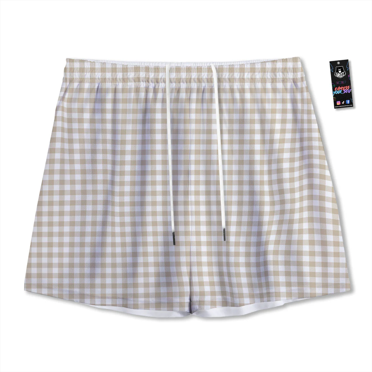 Gingham White And Beige Print Pattern Mesh Shorts