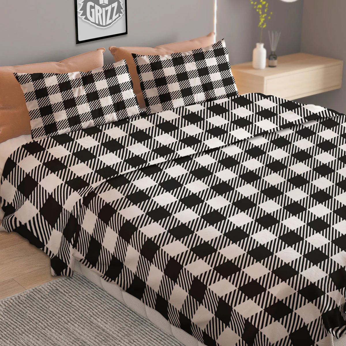 Gingham White And Black Print Pattern Duvet Cover Bedding Set - Image 2