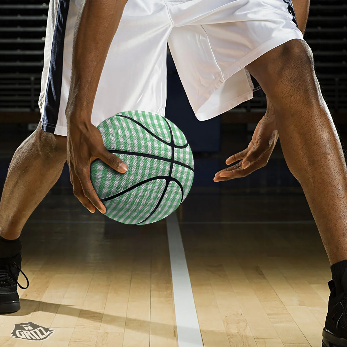 Gingham White And Green Print Pattern Basketball - Image 3