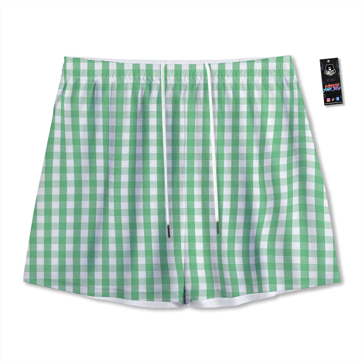 Gingham White And Green Print Pattern Mesh Shorts