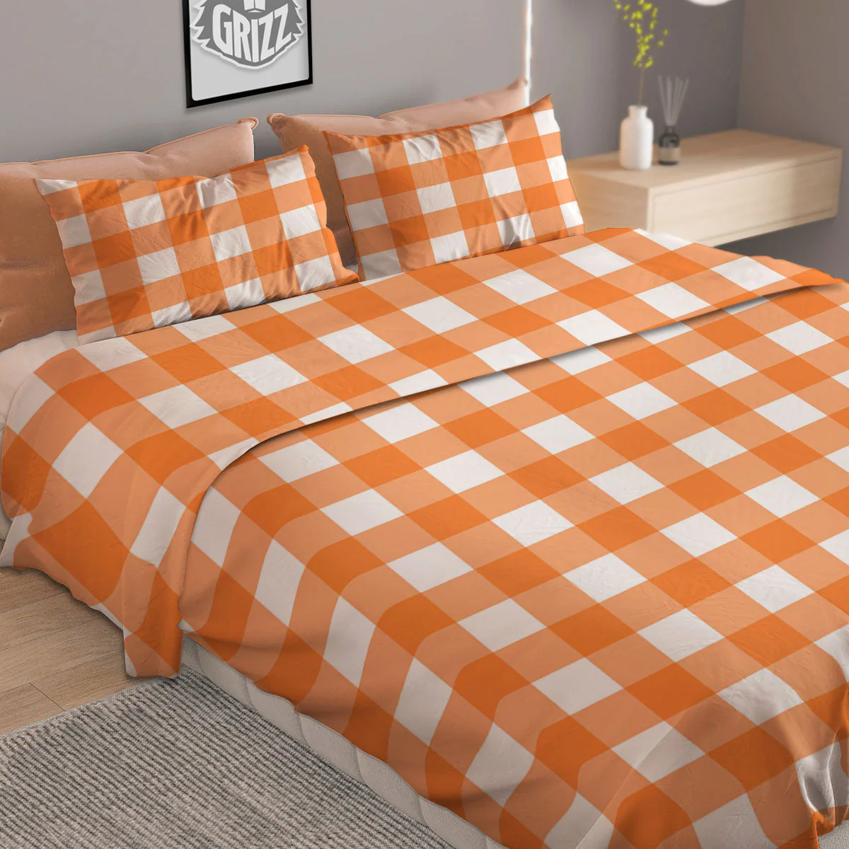 Gingham White And Orange Print Pattern Duvet Cover Bedding Set - Image 2