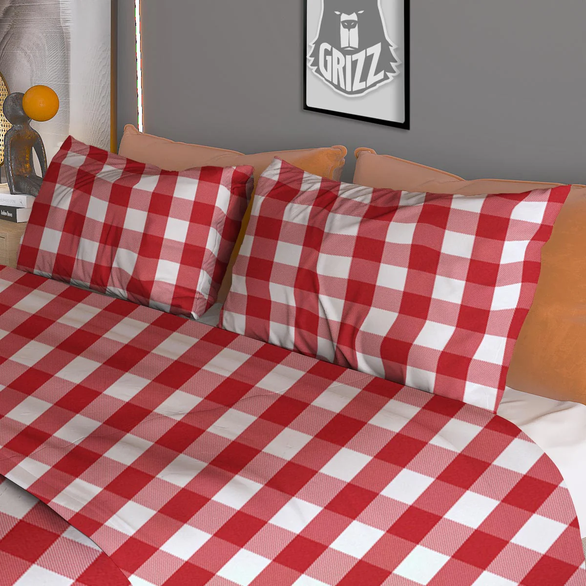 Gingham White And Red Print Pattern Duvet Cover Bedding Set - Image 3