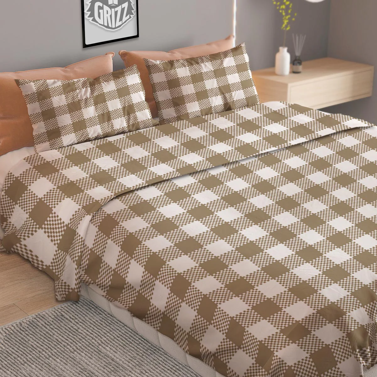 Gingham White And Tan Print Pattern Duvet Cover Bedding Set - Image 2