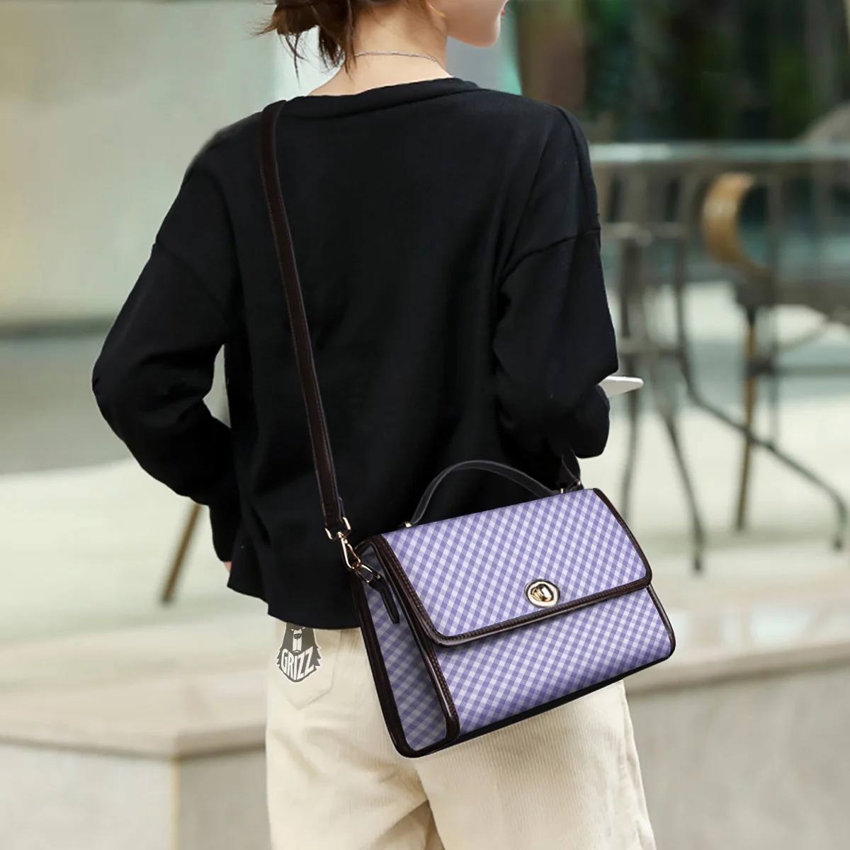Gingham White And Violet Print Pattern Women's Satchel Bag - Image 3