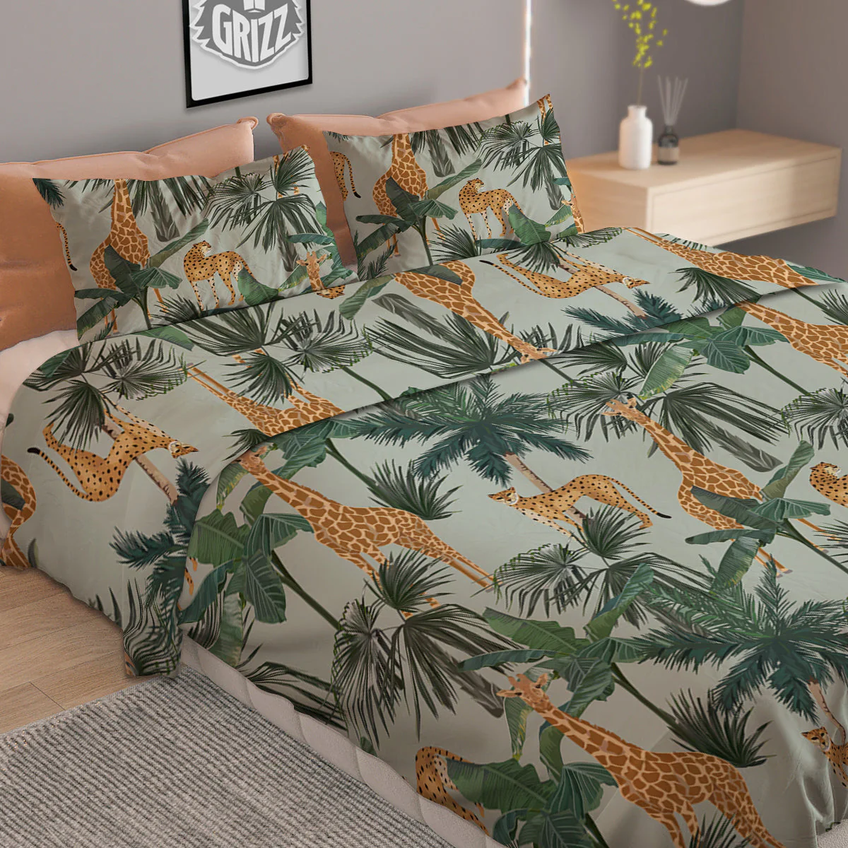 Giraffe And Leopard Vintage Print Pattern Duvet Cover Bedding Set - Image 2