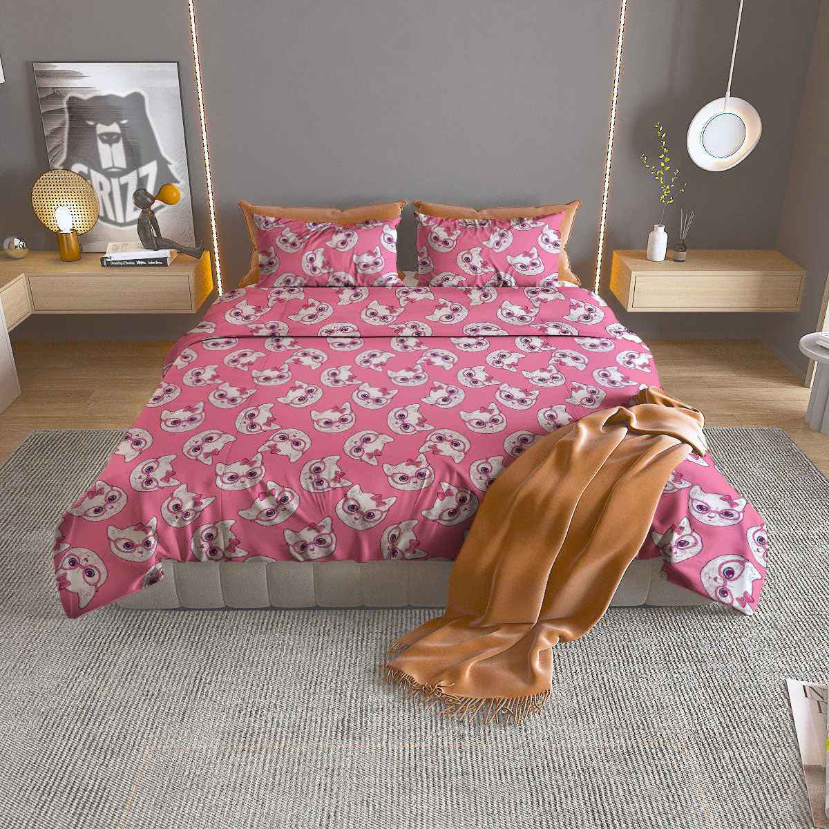 Girly Cat With Glasses Print Pattern Duvet Cover Bedding Set