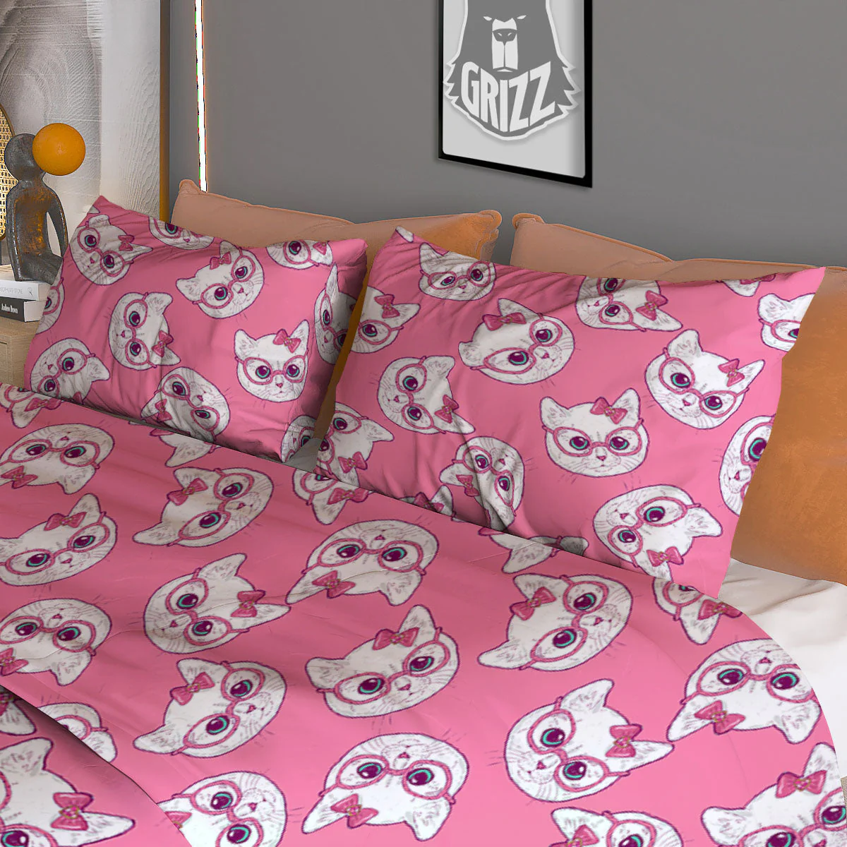 Girly Cat With Glasses Print Pattern Duvet Cover Bedding Set - Image 3