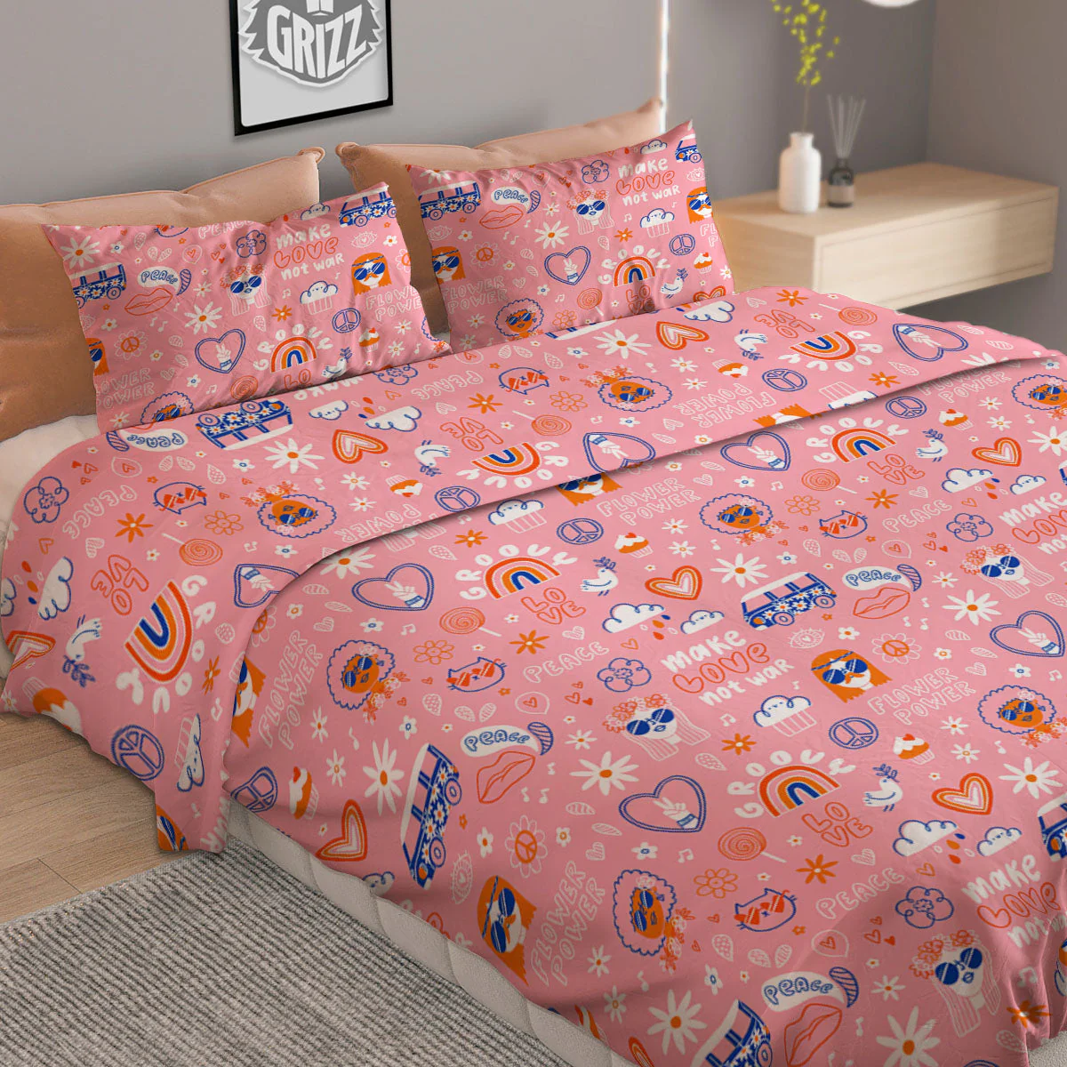 Girly Love And Peace Sign Print Pattern Duvet Cover Bedding Set - Image 2