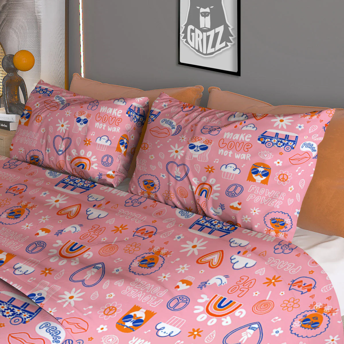 Girly Love And Peace Sign Print Pattern Duvet Cover Bedding Set - Image 3