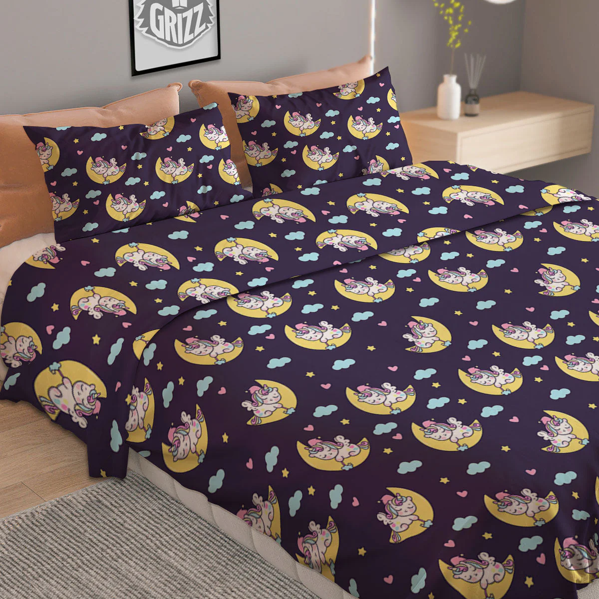 Girly Unicorn Night Print Pattern Duvet Cover Bedding Set - Image 2