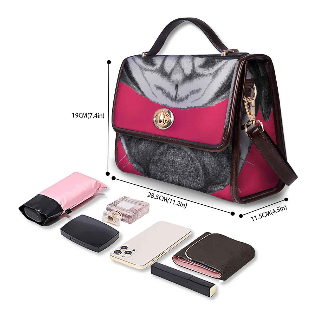 Glasses Pug Portrait Print Women's Satchel Bag - Image 4