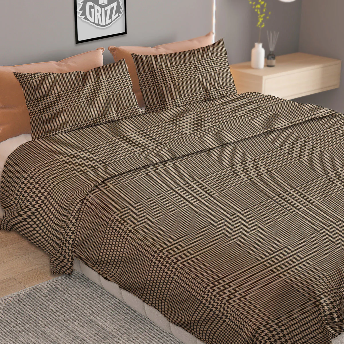 Glen Plaid Beige And Brown Print Duvet Cover Bedding Set - Image 2