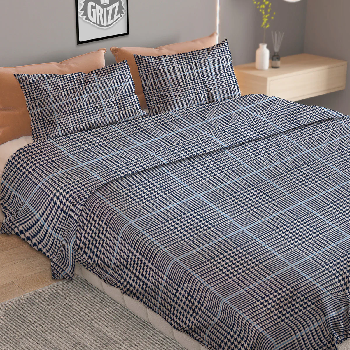 Glen Plaid White And Blue Print Duvet Cover Bedding Set - Image 2