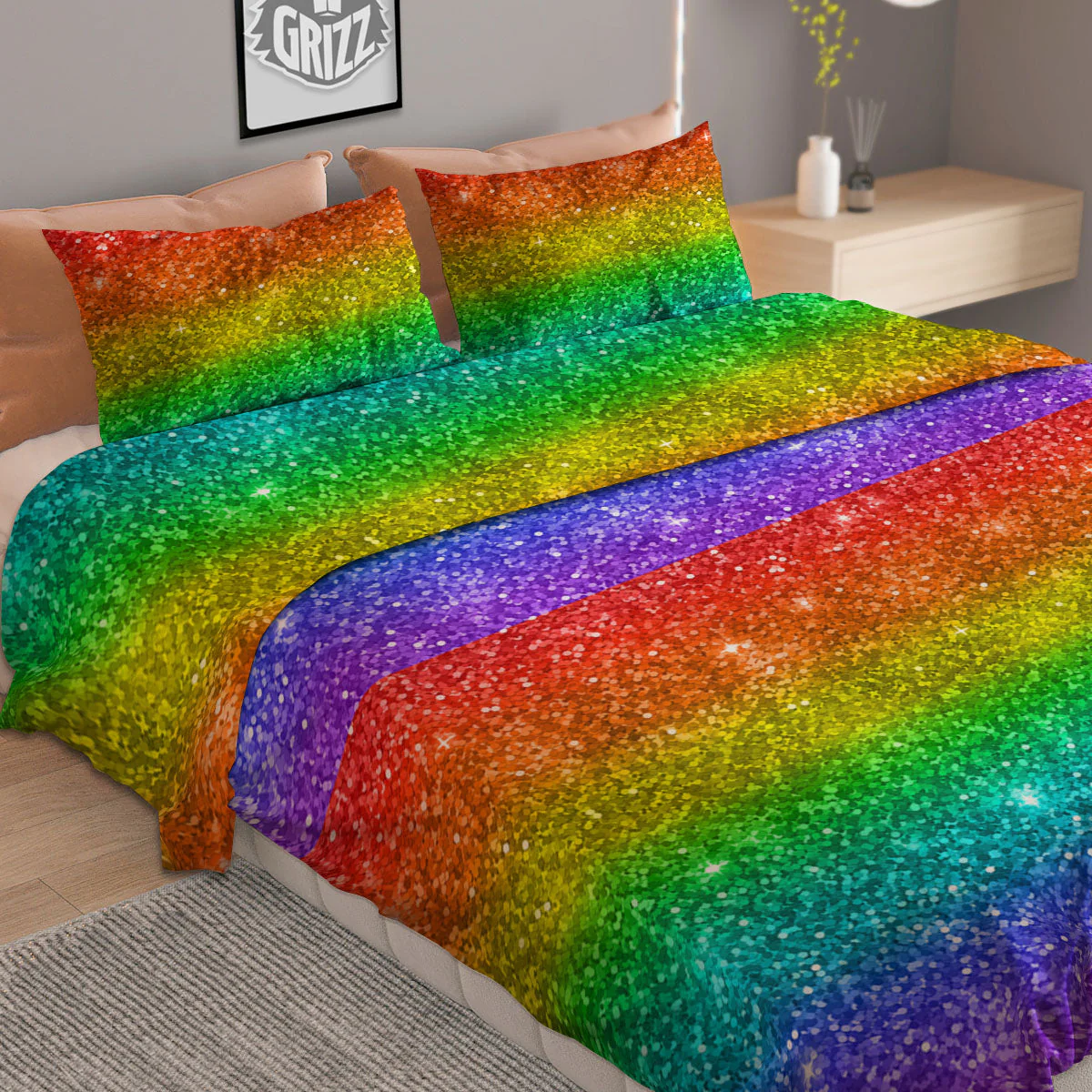 Glitter Rainbow Print Pattern Duvet Cover Bedding Set - Image 2
