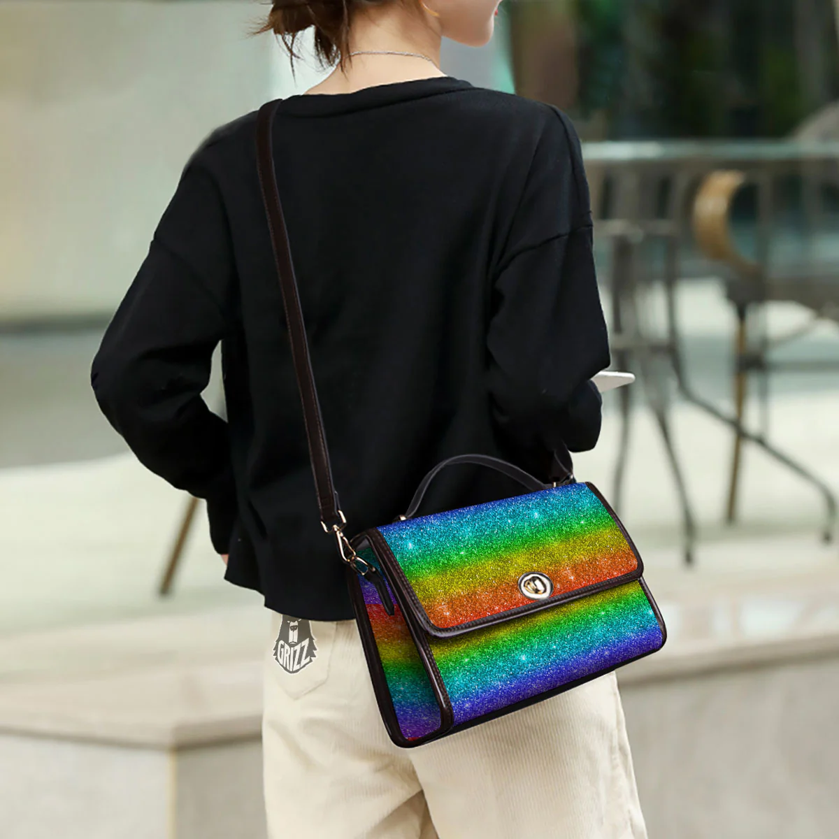 Glitter Rainbow Print Pattern Women's Satchel Bag - Image 3