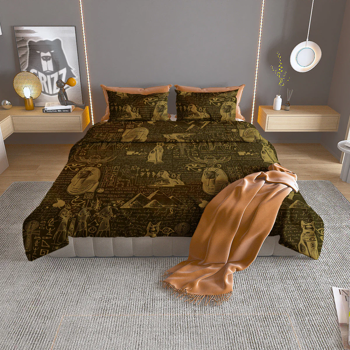 Gold Ancient Egypt Print Pattern Duvet Cover Bedding Set