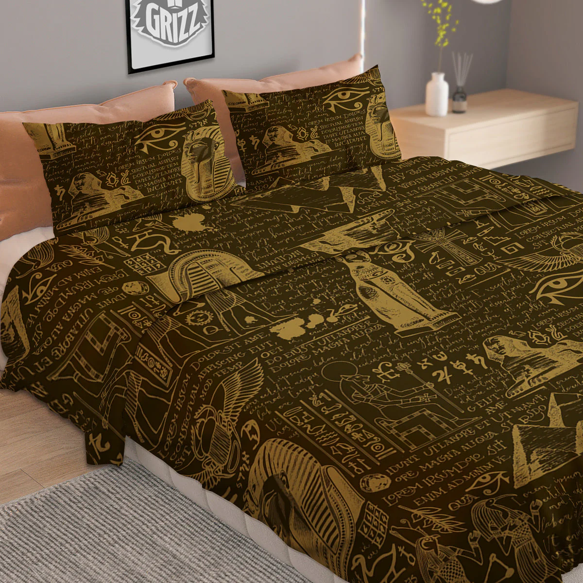 Gold Ancient Egypt Print Pattern Duvet Cover Bedding Set - Image 2