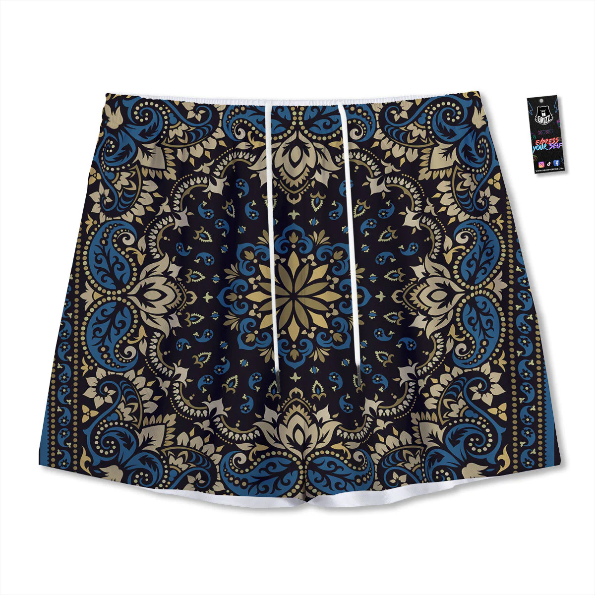 Gold Blue Paisley Bandana Print Mesh Shorts