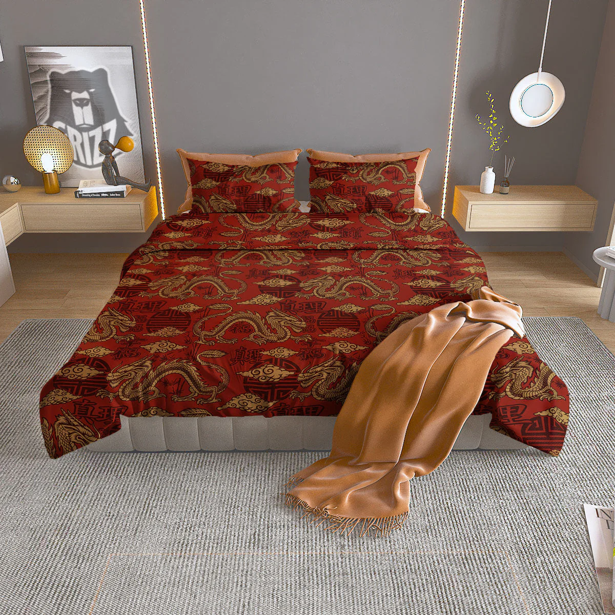 Gold Chinese Dragon Print Pattern Duvet Cover Bedding Set