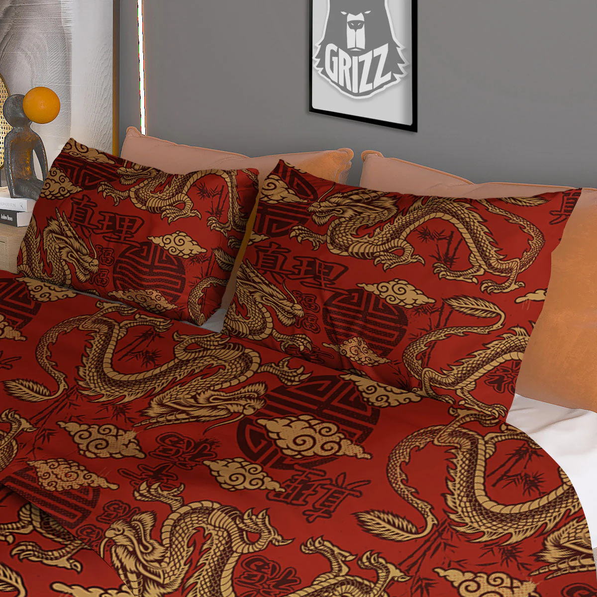 Gold Chinese Dragon Print Pattern Duvet Cover Bedding Set - Image 3