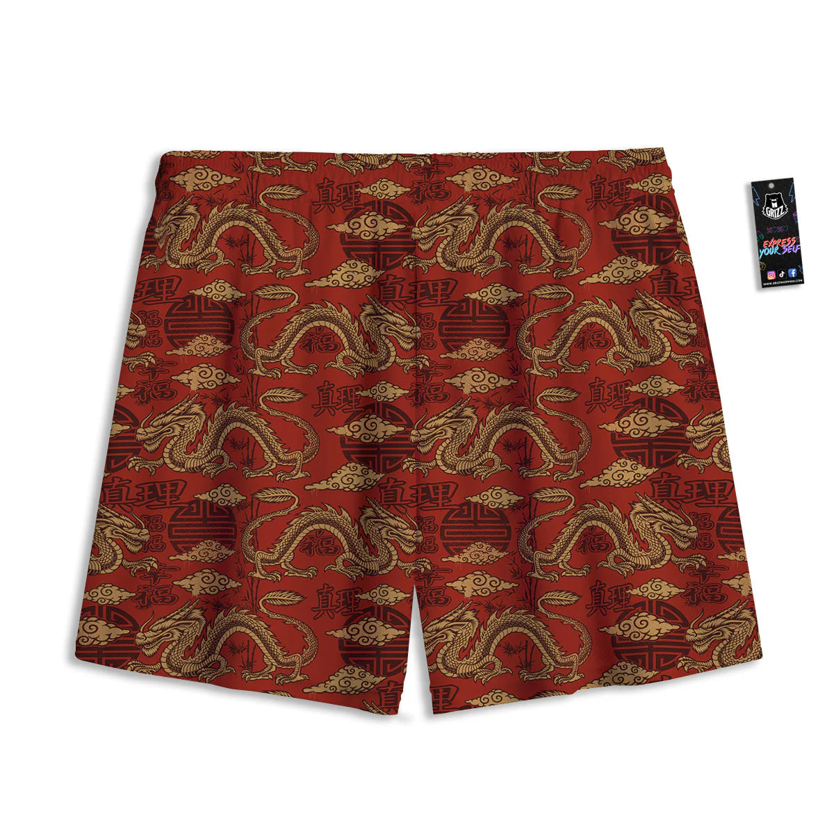 Gold Chinese Dragon Print Pattern Mesh Shorts - Image 2