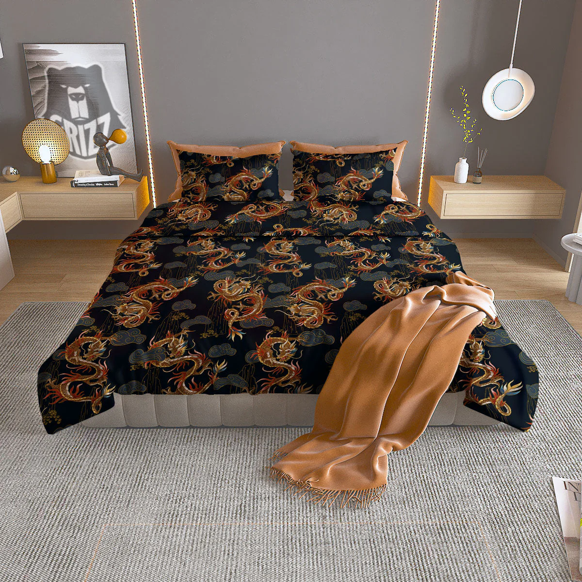Gold Dragon Japanese Print Pattern Duvet Cover Bedding Set