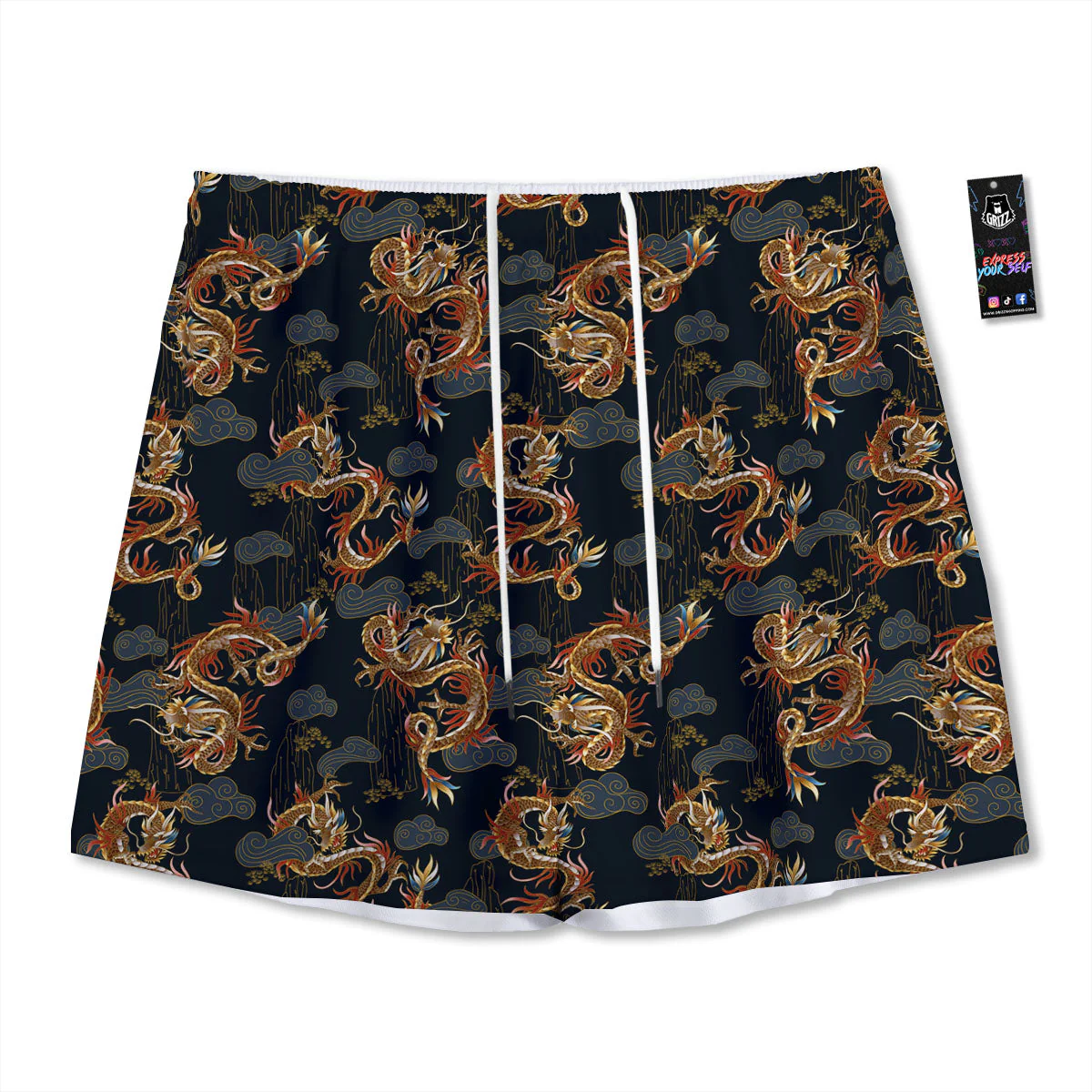 Gold Dragon Japanese Print Pattern Mesh Shorts