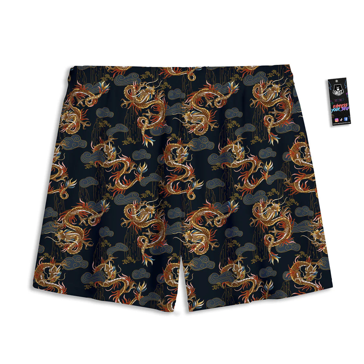 Gold Dragon Japanese Print Pattern Mesh Shorts - Image 2