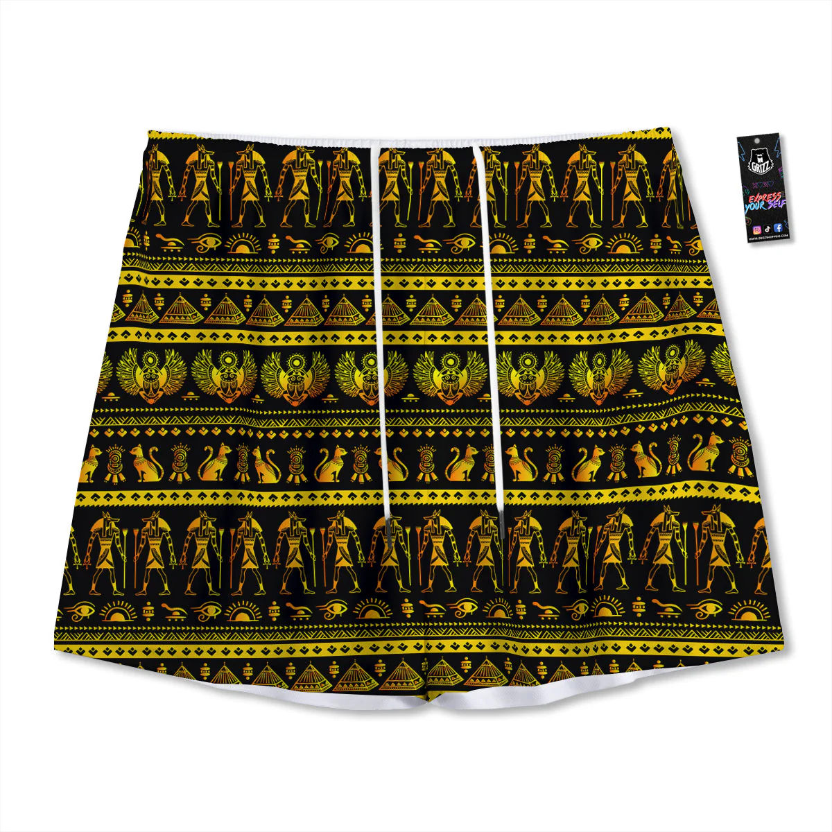 Gold Egypt Ethnic Print Mesh Shorts