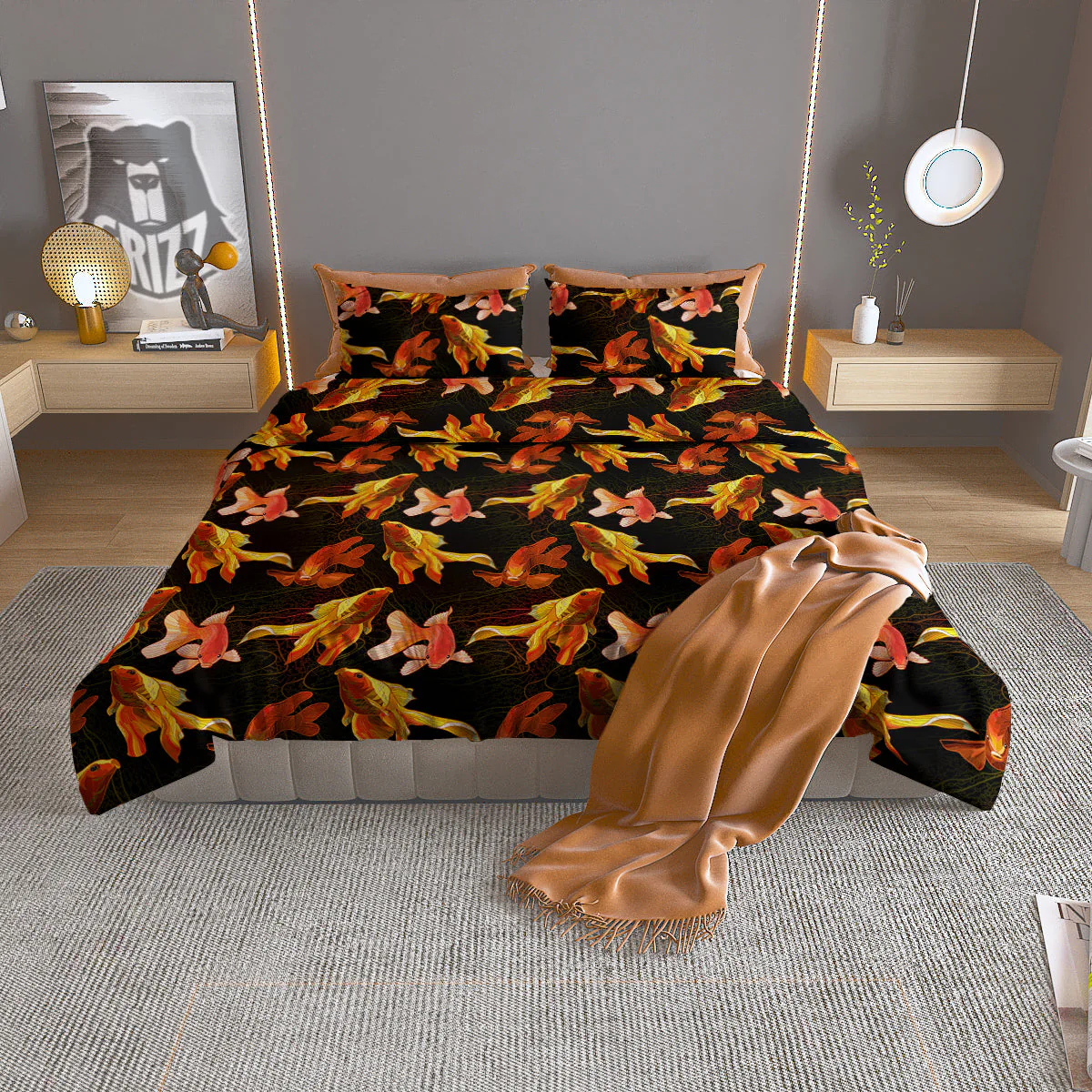 Gold Fish Drawing Print Pattern Duvet Cover Bedding Set