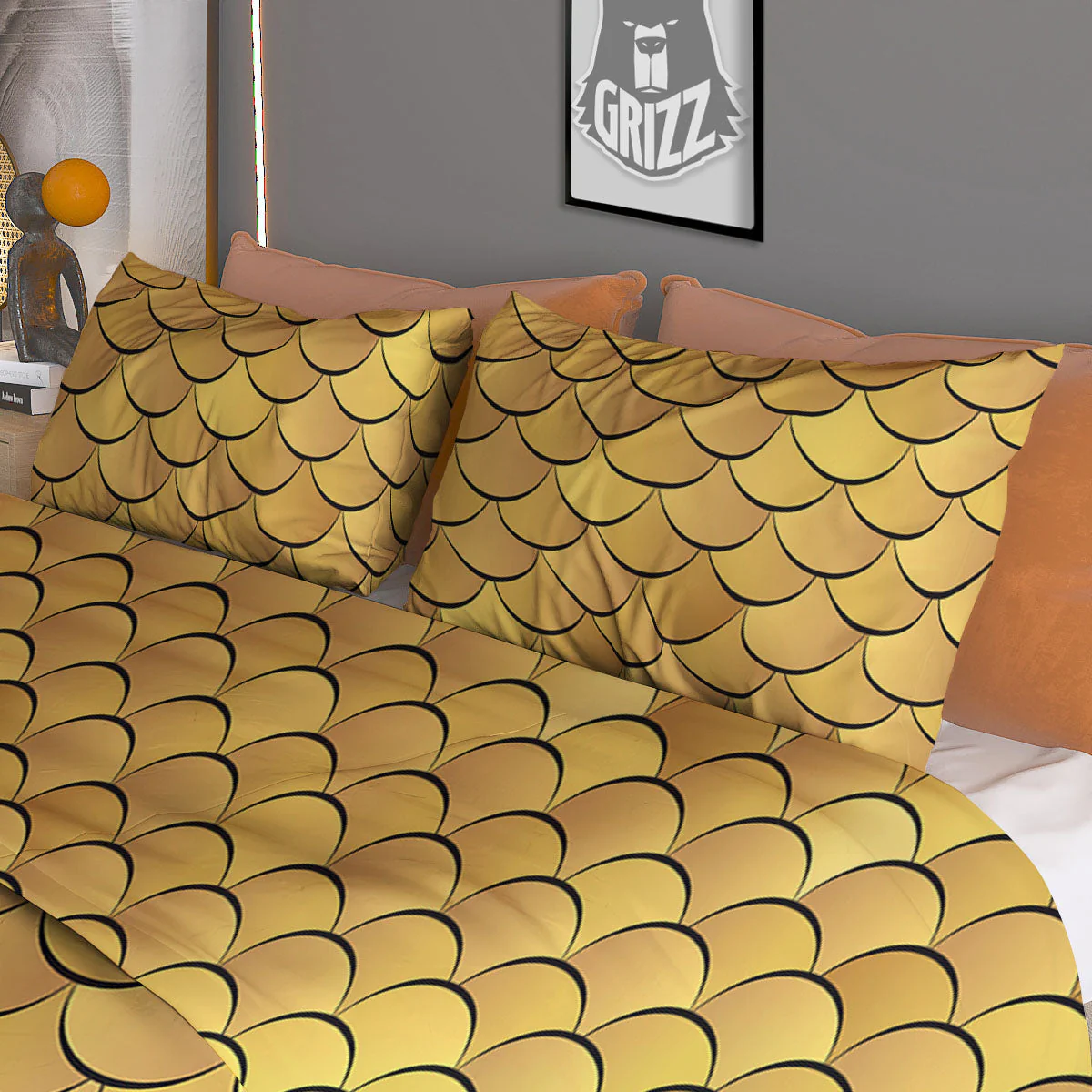 Gold Fish Scales  Print Duvet Cover Bedding Set - Image 3