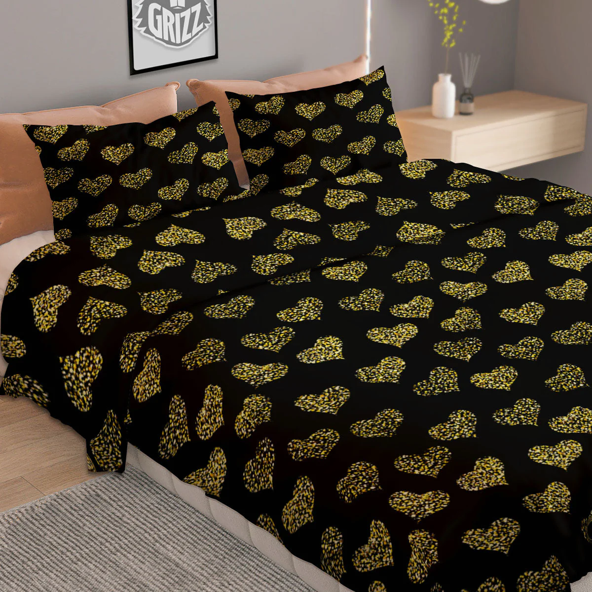 Gold Heart Glitter Print Pattern Duvet Cover Bedding Set - Image 2