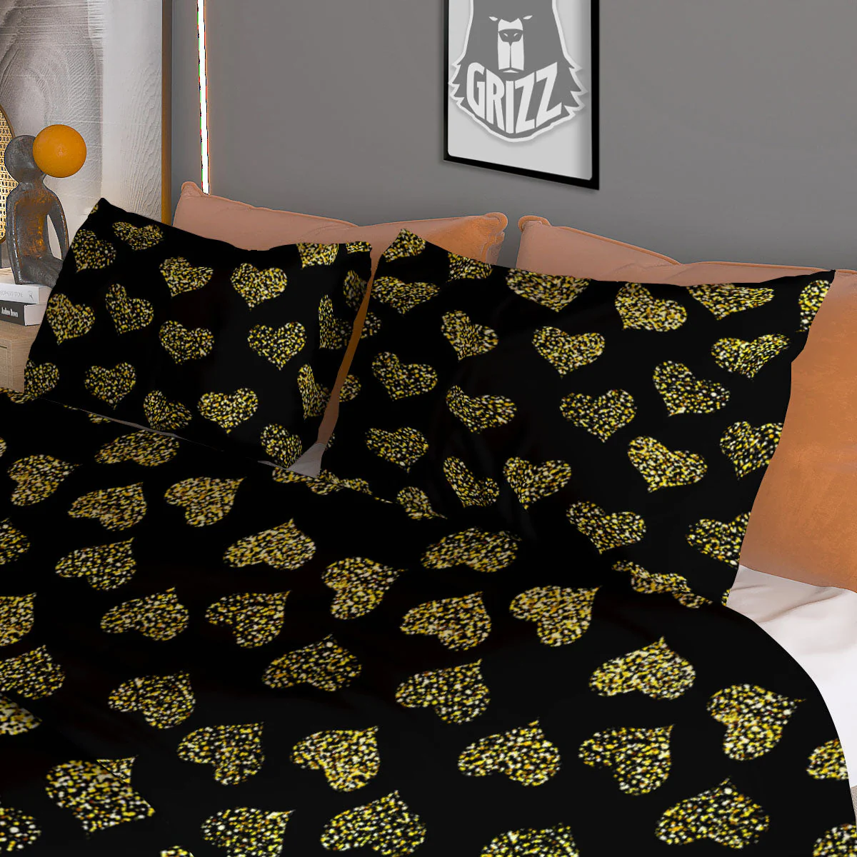 Gold Heart Glitter Print Pattern Duvet Cover Bedding Set - Image 3