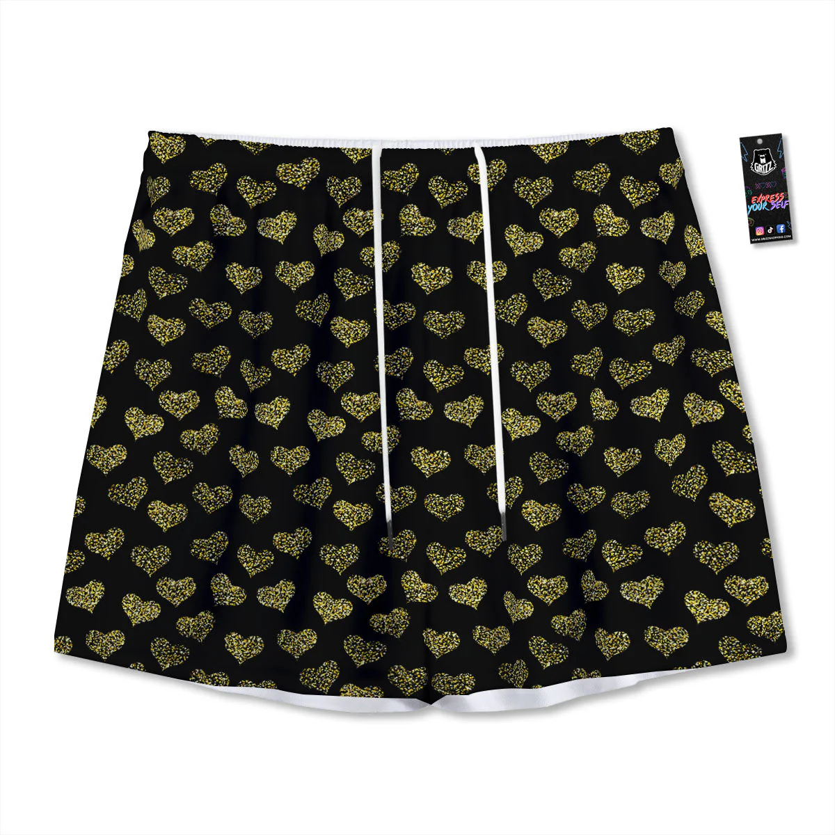 Gold Heart Glitter Print Pattern Mesh Shorts