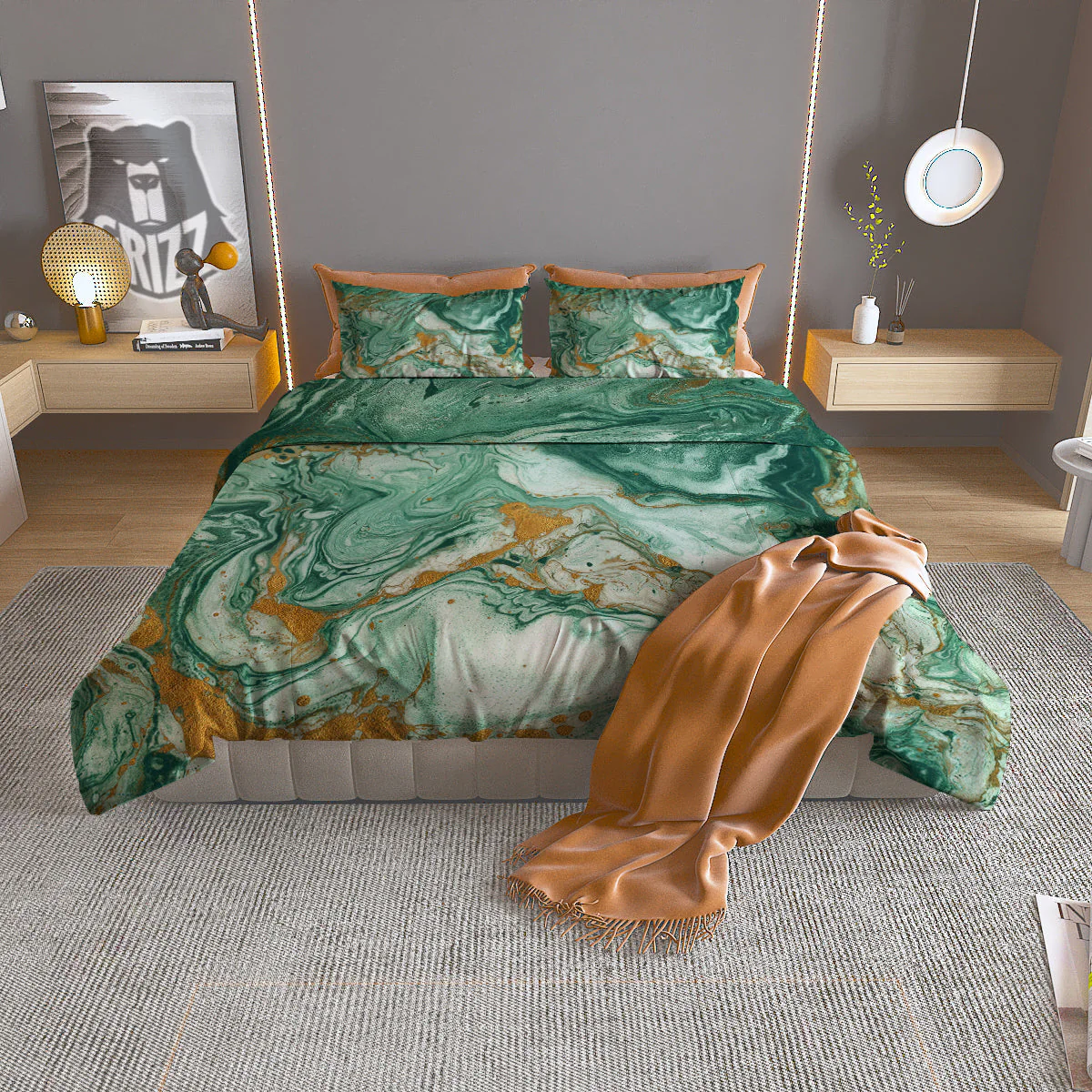 Golden And Green Marble Textue Print Duvet Cover Bedding Set