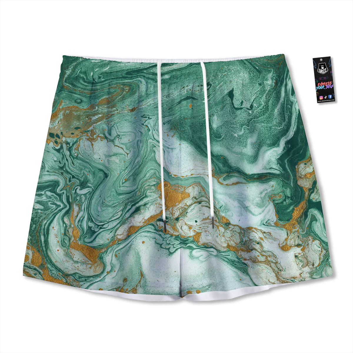 Golden And Green Marble Textue Print Mesh Shorts