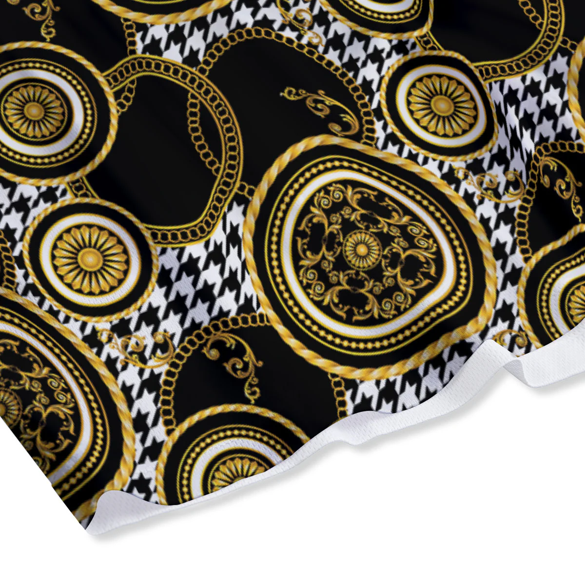 Golden Baroque And Black Houndstooth Print Pattern Mesh Shorts - Image 4