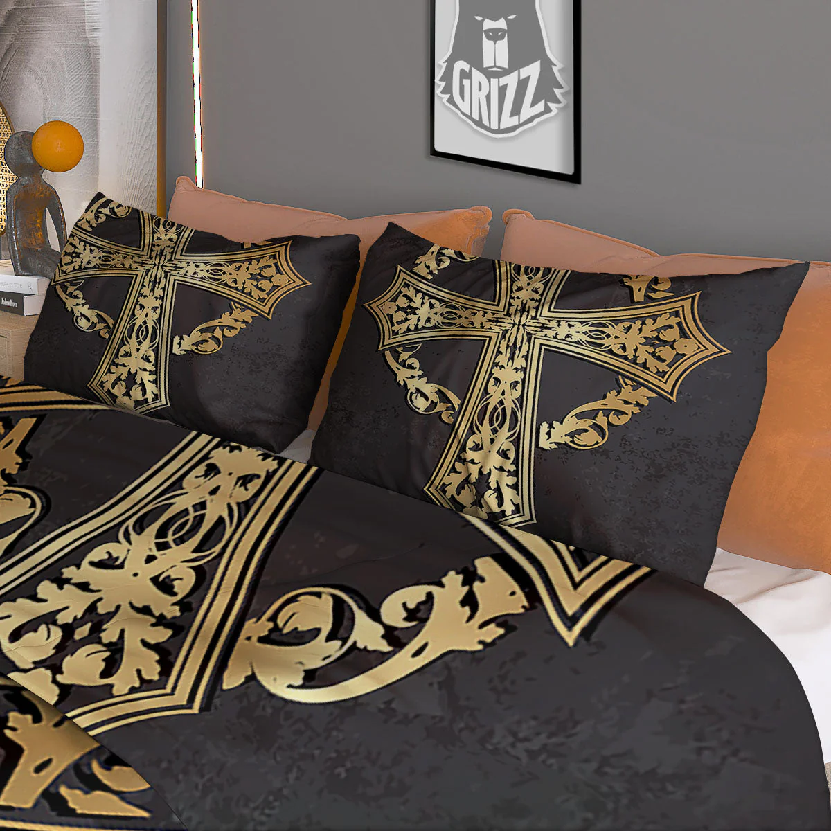 Golden Cross Ornamental Print Duvet Cover Bedding Set - Image 3