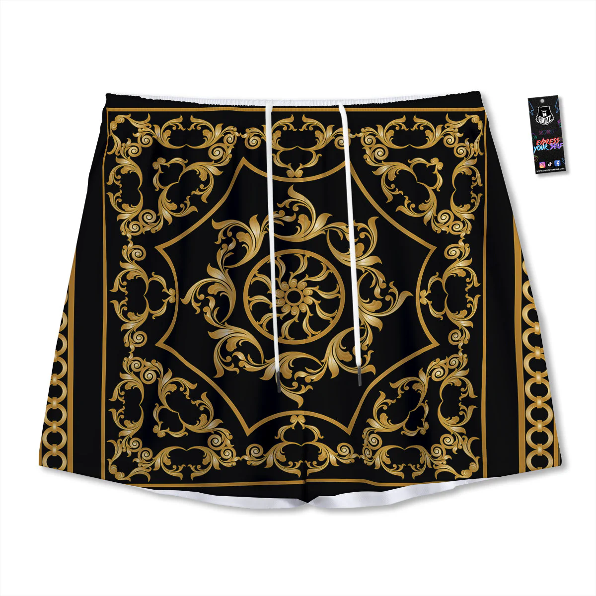 Golden Floral Baroque Print Mesh Shorts