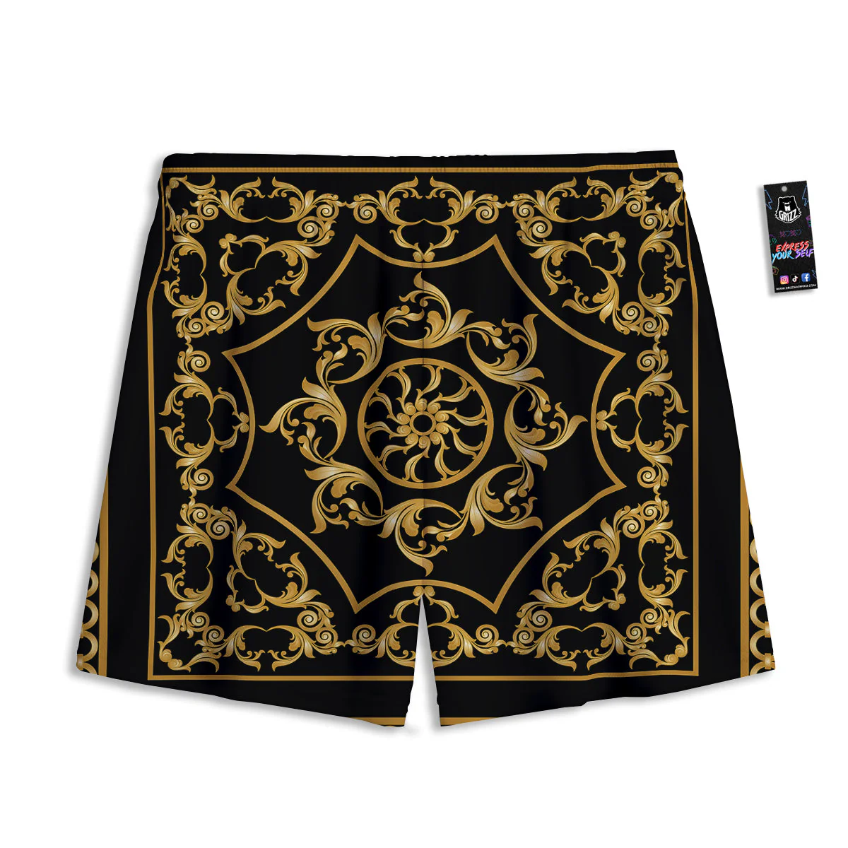 Golden Floral Baroque Print Mesh Shorts - Image 2