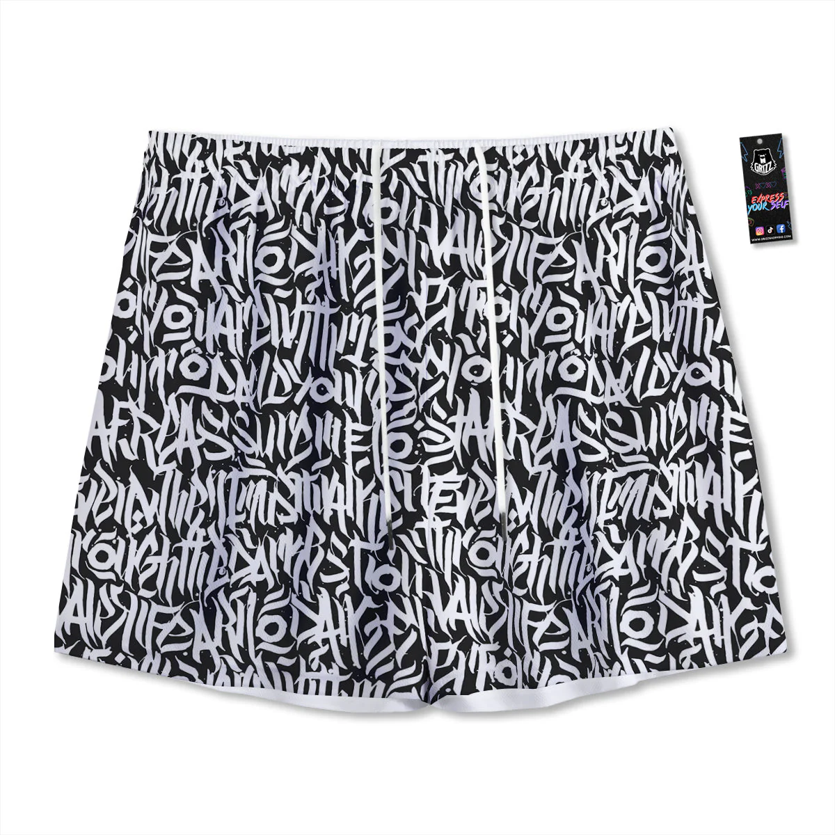 Graffiti Grunge White Text Abstract Print Mesh Shorts