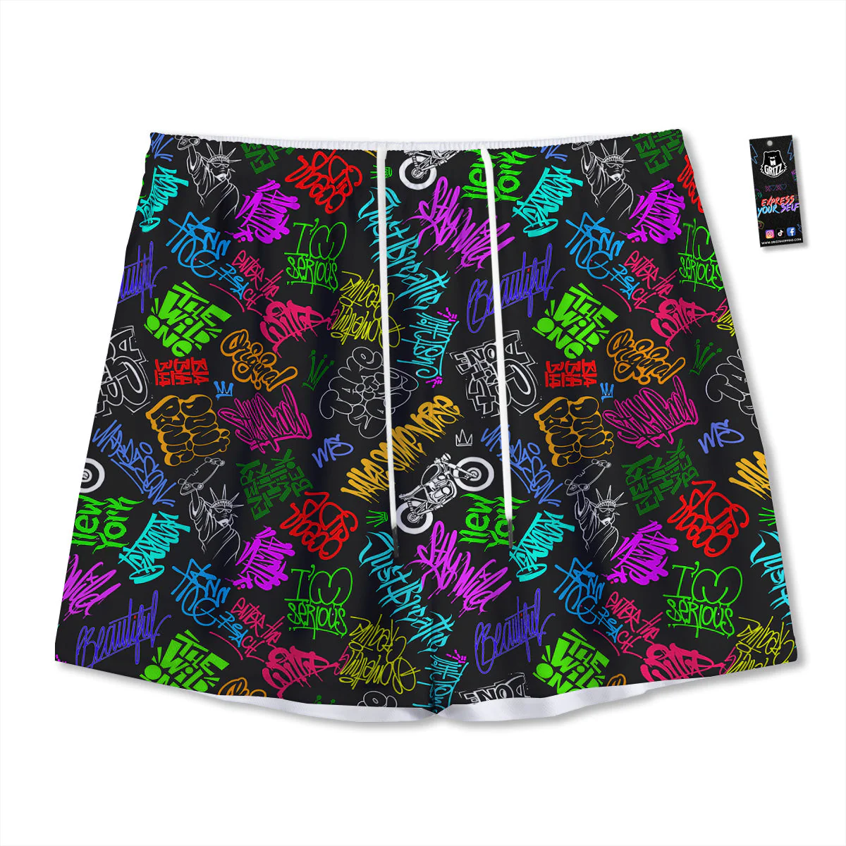 Graffiti Text Colorful Urban Elements Print Pattern Mesh Shorts