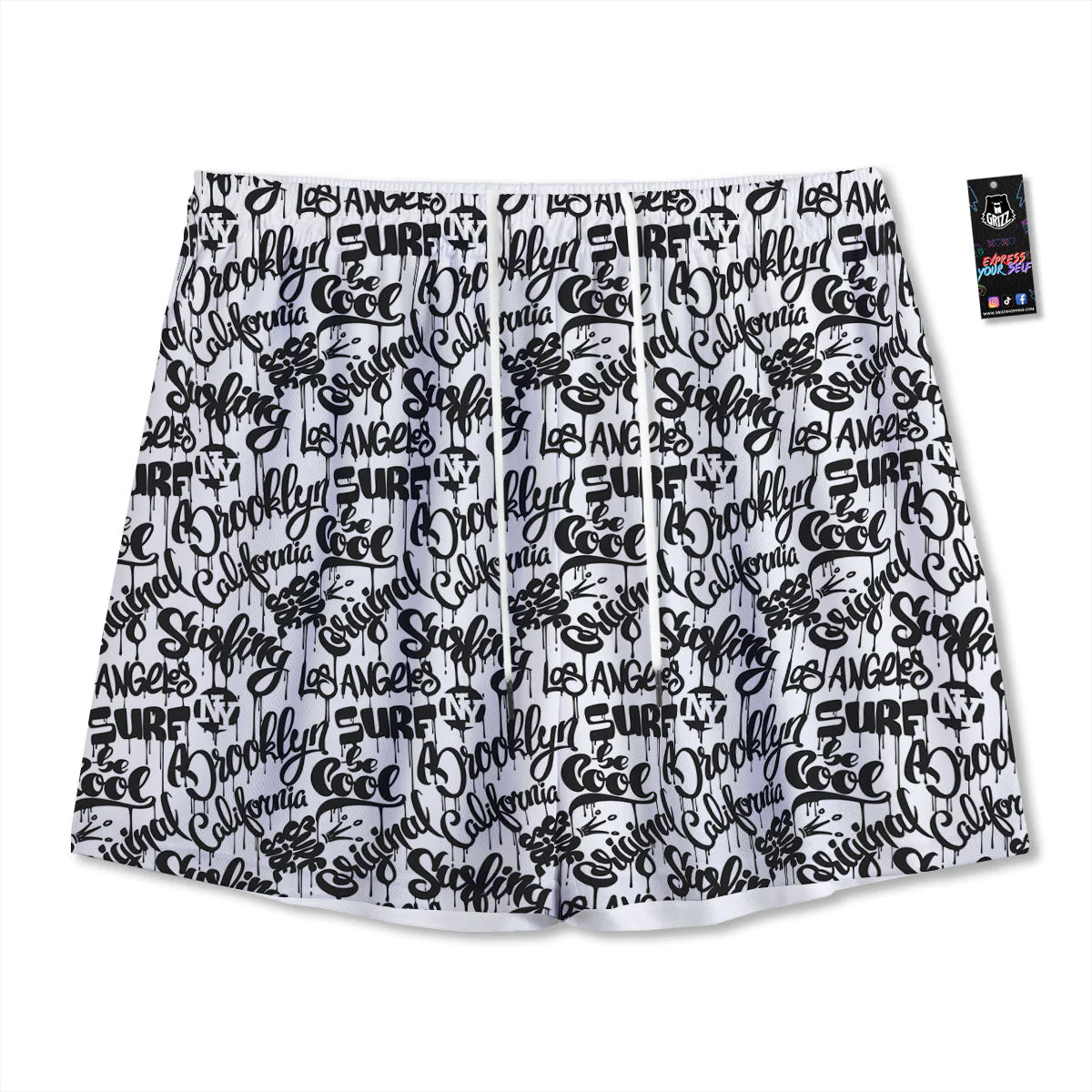 Graffiti White And Black Print Pattern Mesh Shorts