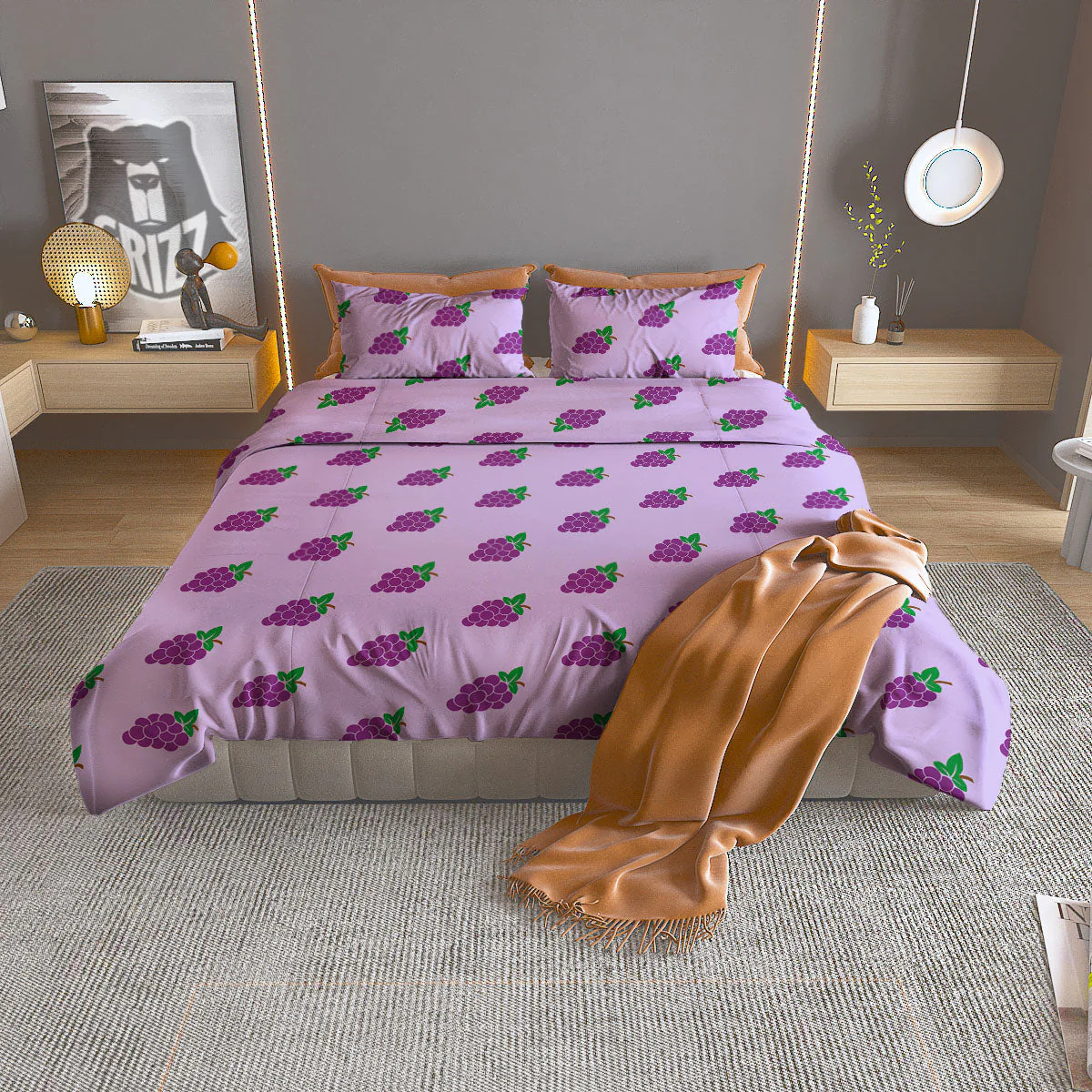 Grape Purple Print Pattern Duvet Cover Bedding Set